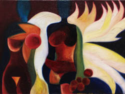 Florinda Ke Sophie - Ich und die flambierte Kuh,  Öl auf Leinwand, 50 x 70 cm, 2005